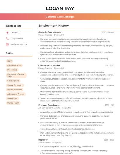 Geriatric Care Manager Resume