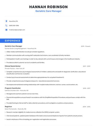 Geriatric Care Manager Resume