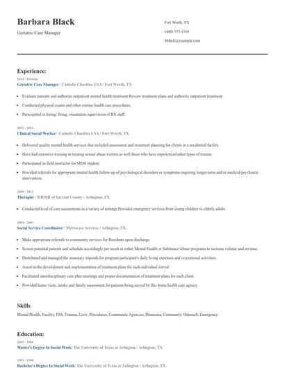 Geriatric Care Manager Resume