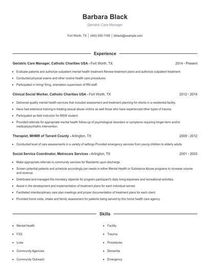 Geriatric Care Manager Resume