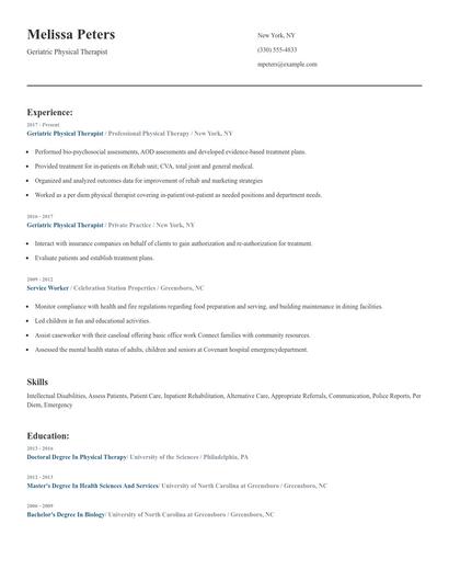 Geriatric Physical Therapist Resume