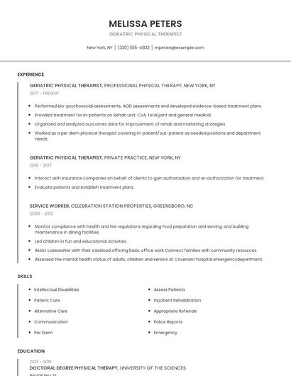 Geriatric Physical Therapist Resume