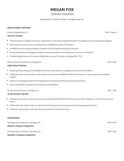 German Teacher Resume