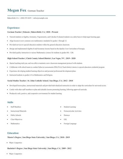 German Teacher Resume