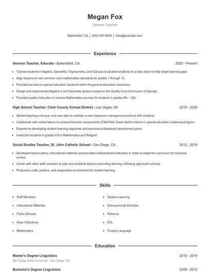 German Teacher Resume