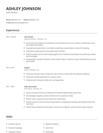 Gift Packer Resume