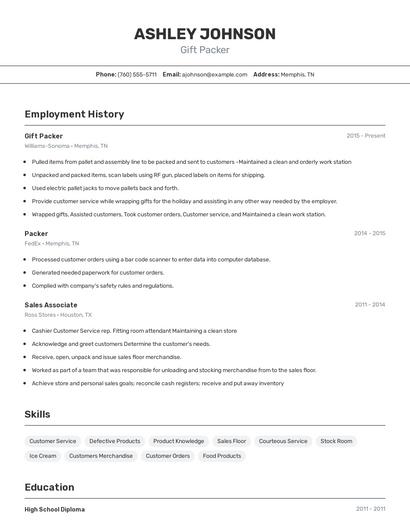 Gift Packer Resume