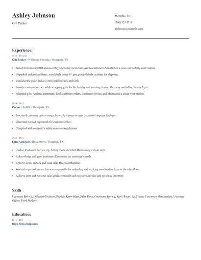 Gift Packer Resume