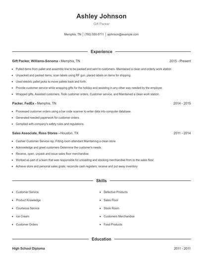 Gift Packer Resume