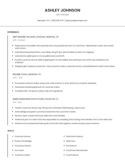 Gift Packer Resume
