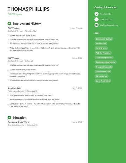 Gift Wrapper Resume