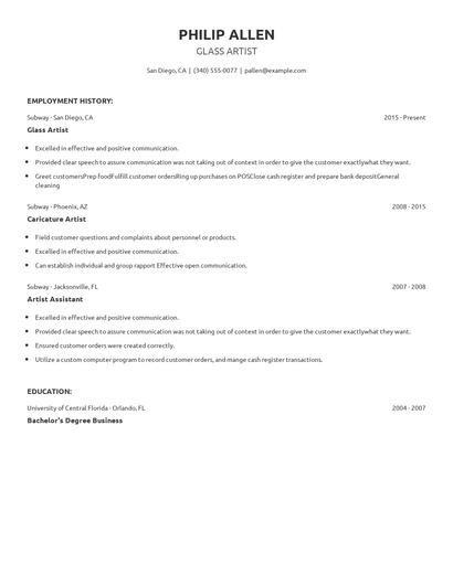 Glass Artist Resume