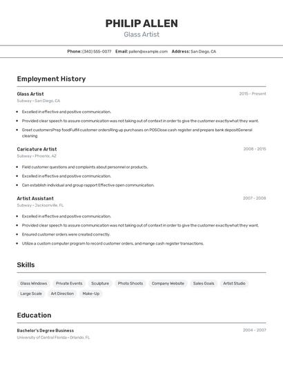Glass Artist Resume