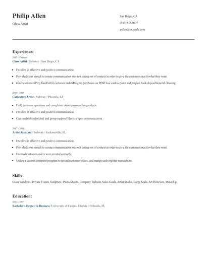 Glass Artist Resume