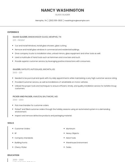 Glass Glazier Resume