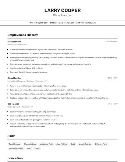 Glass Handler Resume