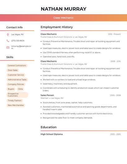 Glass Mechanic Resume