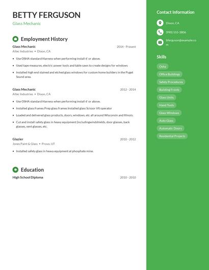 Glass Mechanic Resume