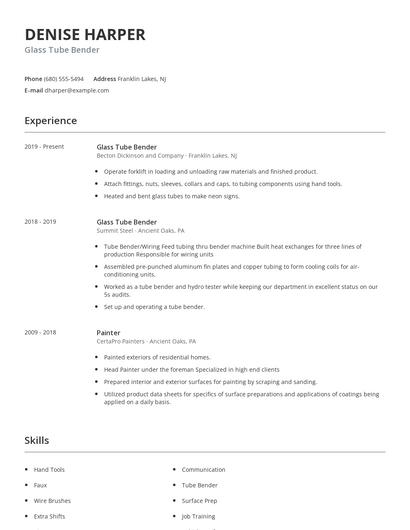 Glass Tube Bender Resume