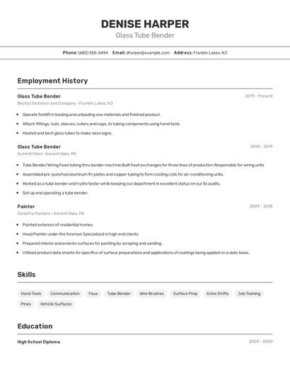 Glass Tube Bender Resume