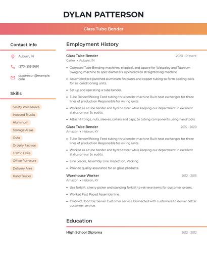 Glass Tube Bender Resume