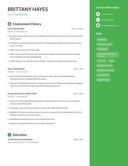 Glass Tube Bender Resume