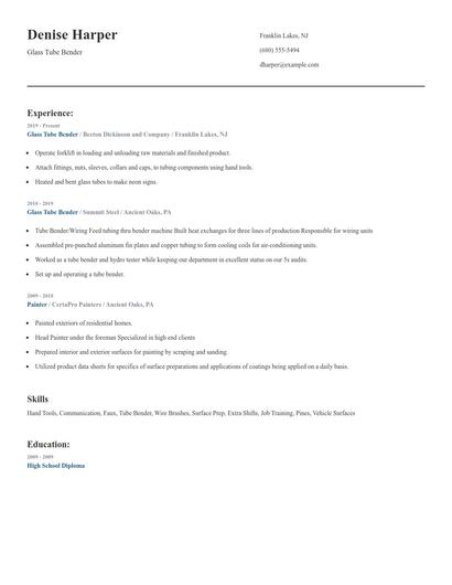 Glass Tube Bender Resume