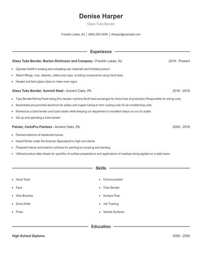 Glass Tube Bender Resume