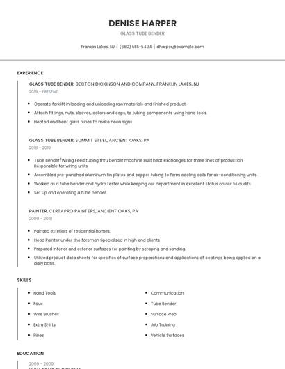 Glass Tube Bender Resume