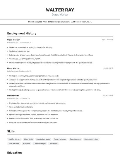 Glass Worker Resume