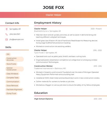 Glazier Helper Resume