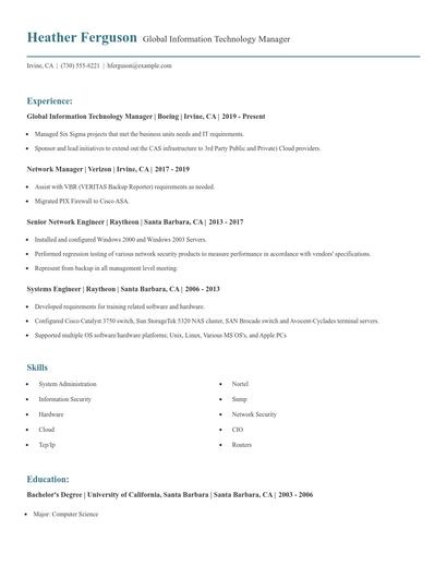 Global Information Technology Manager Resume