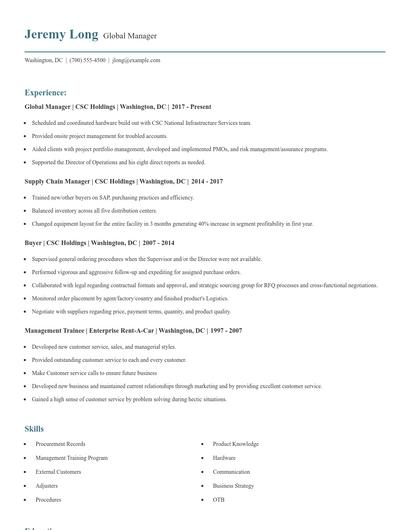 Global Manager Resume