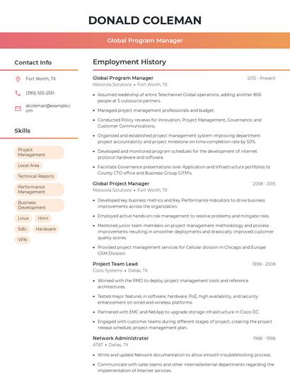 Global Program Manager Resume
