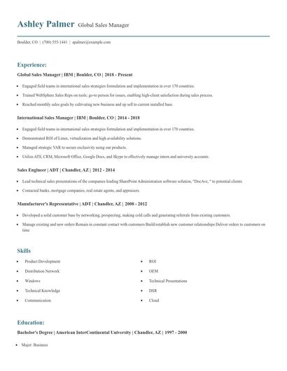 Global Sales Manager Resume
