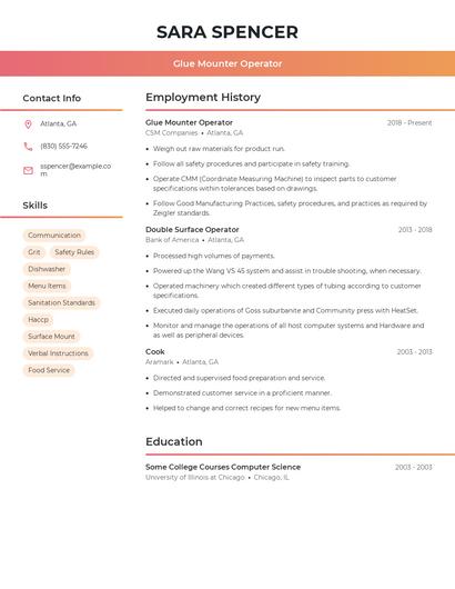 Glue Mounter Operator Resume