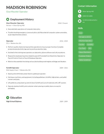 Glue Mounter Operator Resume
