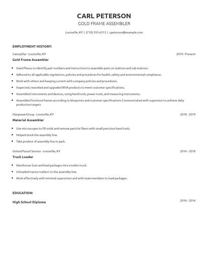 Gold Frame Assembler Resume