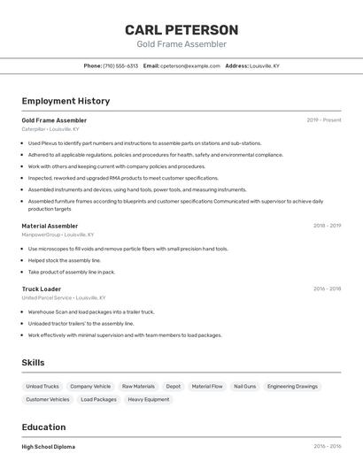 Gold Frame Assembler Resume