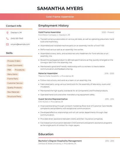 Gold Frame Assembler Resume