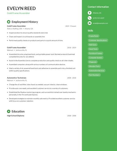 Gold Frame Assembler Resume