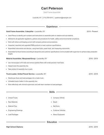 Gold Frame Assembler Resume