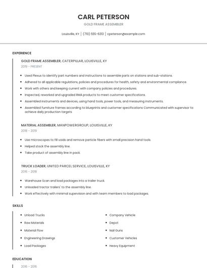 Gold Frame Assembler Resume