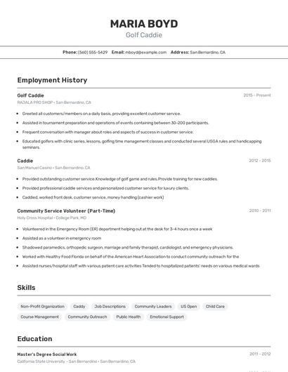 Golf Caddie Resume