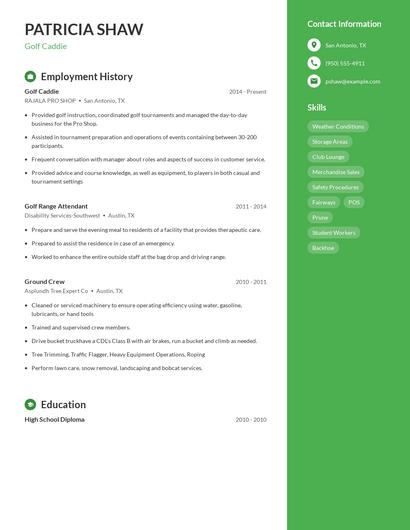 Golf Caddie Resume