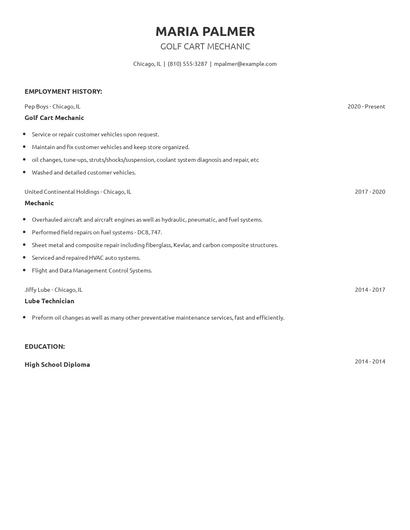 Golf Cart Mechanic Resume