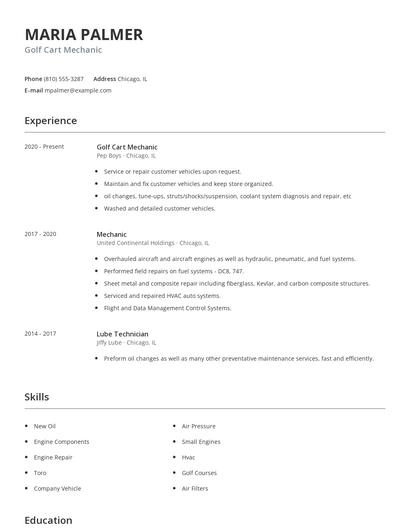 Golf Cart Mechanic Resume