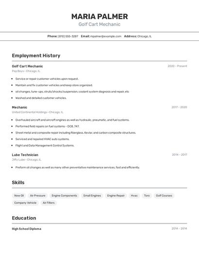 Golf Cart Mechanic Resume