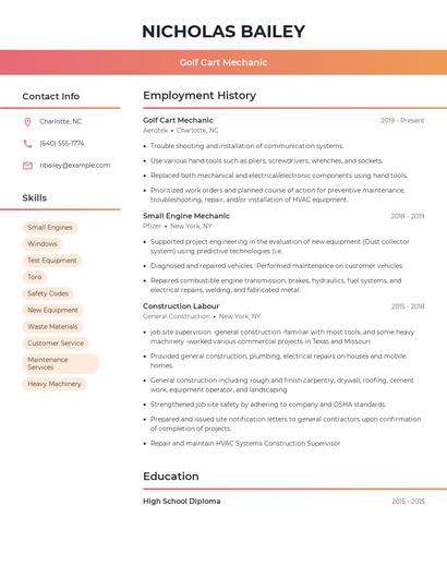 Golf Cart Mechanic Resume