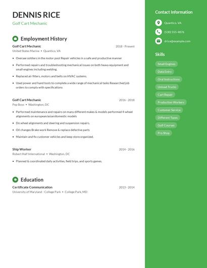 Golf Cart Mechanic Resume
